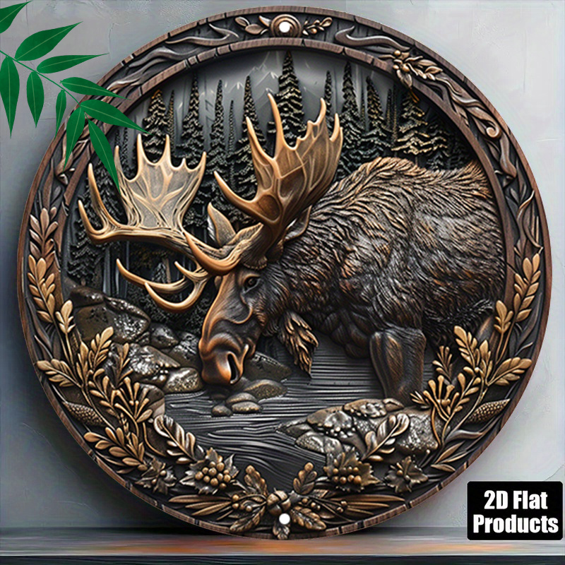 TEMU Décoration Murale Ronde Majestueux Élan 2D Plat - 1pc Plaque Rustique Rétro Élan Adaptée pour Ferme, Cabine, Boutique - Art de Bois d'Élan pour