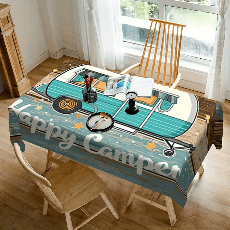 Image of 1pc Camping-themed Table Cover Featuring A Wood Grain Design With A Blue And White Rv Pattern, Ideal For Picnics, Camping Trips, Weddings, Birthday Celebrations, Restaurants, And Buffet Meals