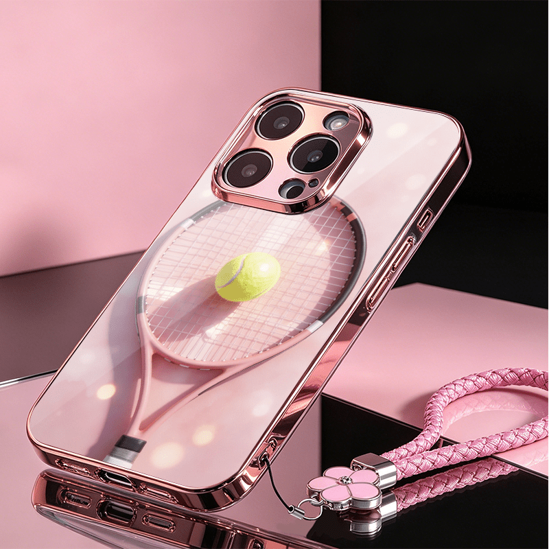 TEMU Phone Case - [2d Flat] Tennis Racket Pink Patterned Phone Case Sleek Rose Golden Chrome-end Glass Case For Iphone 17 Pro Max/16 Pro/15
