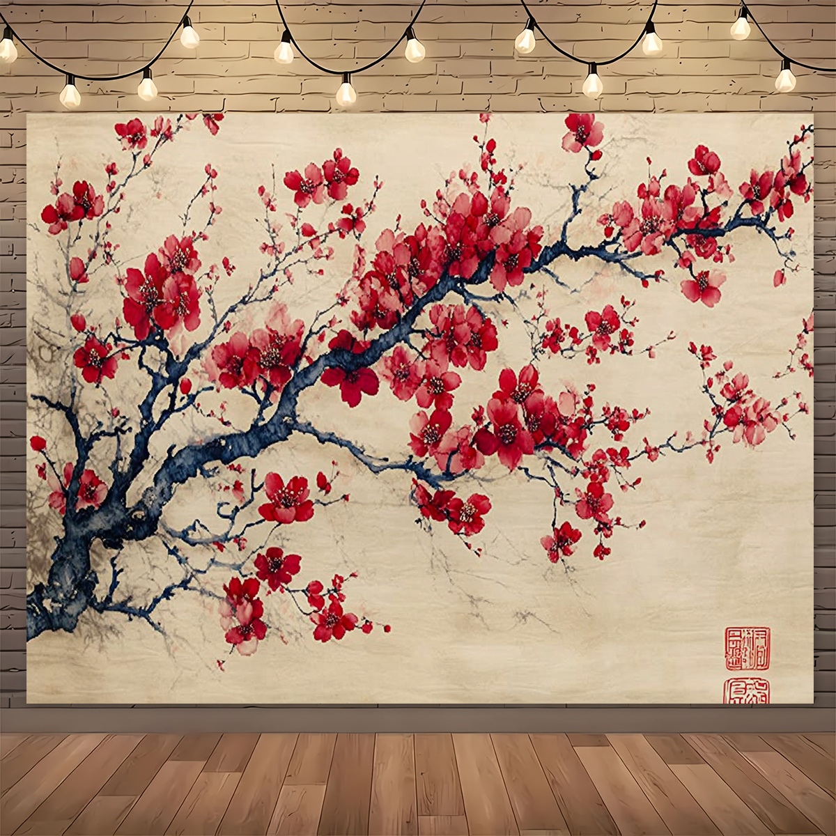 

1pc Plum & Snake Themed Backdrop - Vibrant Red & With Blue Accents, Polyester, No Electricity Required - Ideal For Lunar New Year, Garden, Entrance Decor Indoor & Outdoor