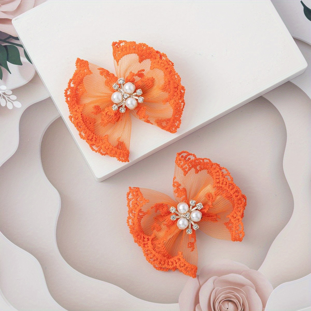 2pcs Set Soft Girl Girl Princess Burning Orange Lace Bow Hair Clip