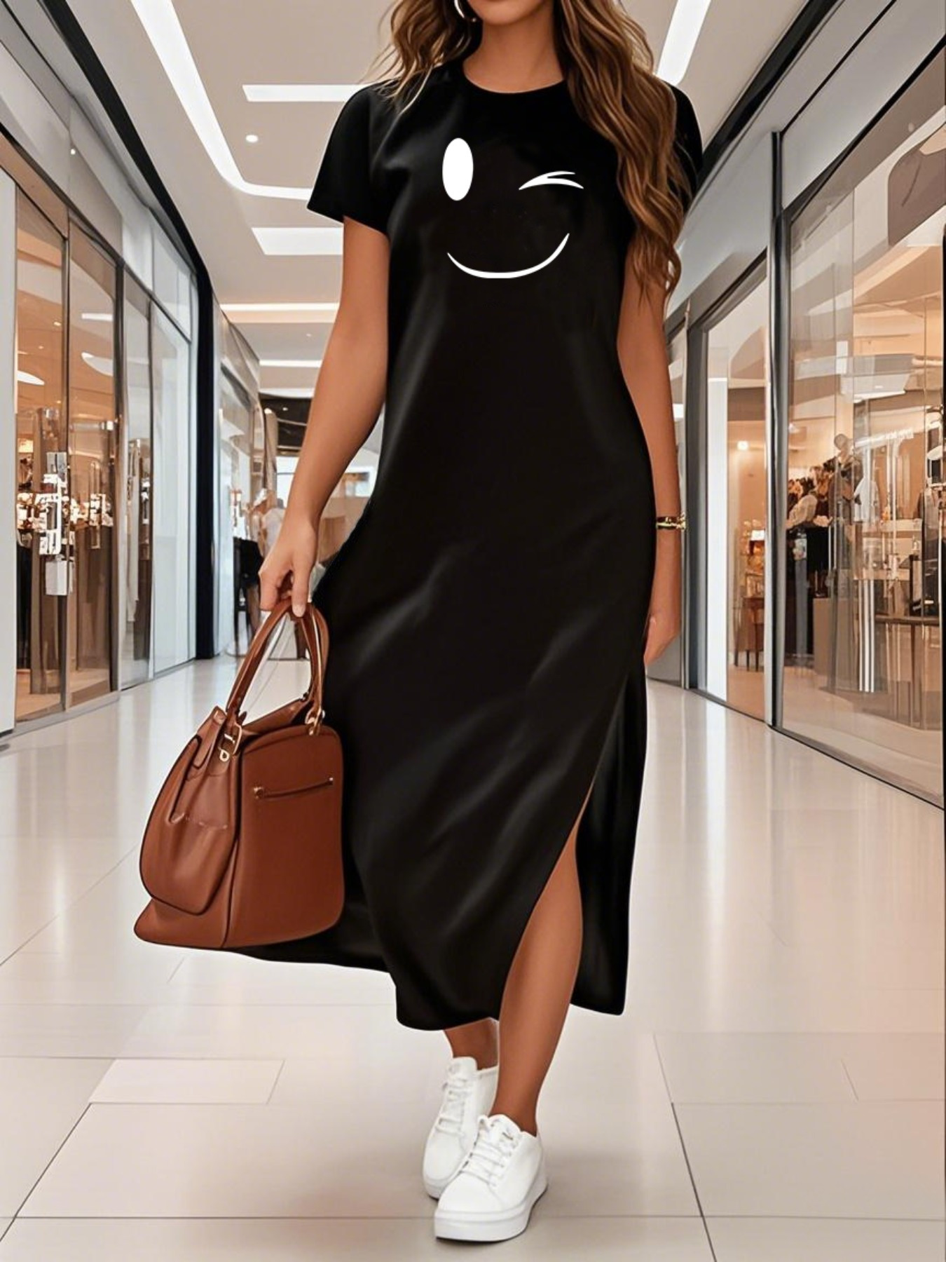 women's elegant face print t shirt dress short sleeve Temu Kuwait