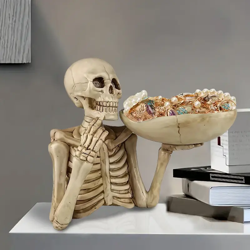 1pc resin skull tray ornament with bowl unique skeleton design for indoor outdoor decor halloween or gothic themed rooms decoration holiday shooting prop and gift idea decor piece gothic aesthetic detailed design halloween decorations 3