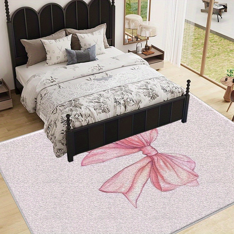 TEMU 1pc Watercolor Style Pink Bow Pattern Area Rug, Lightweight And Easy To Wash, Suitable For Summer And Autumn Floor Mat, Perfect For Bedroom,