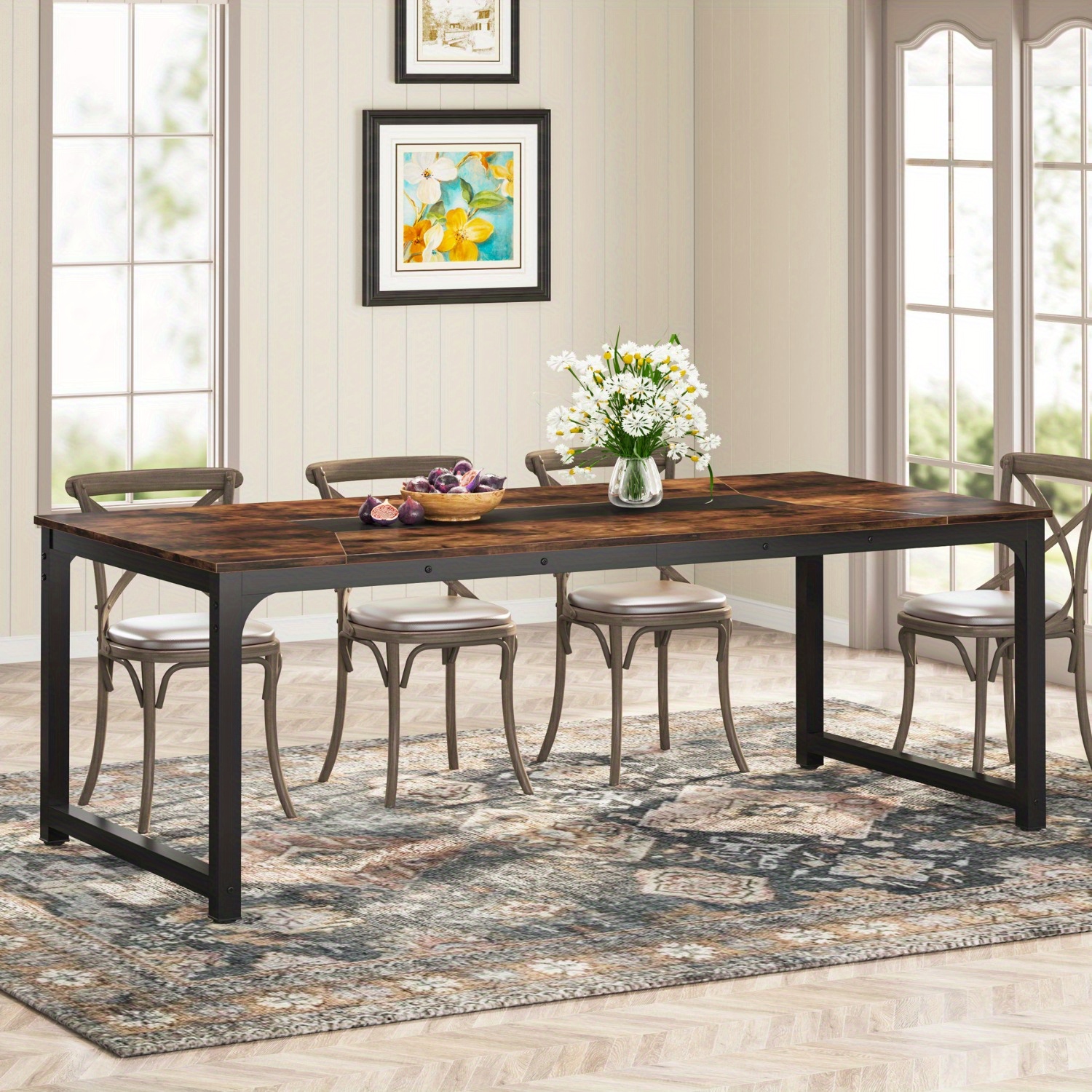 4-6 People Use Extra Long Dining Tables. Family Or Commercial Dining Table, A Large Dining Table In Or Restaurant, Designed Furniture.