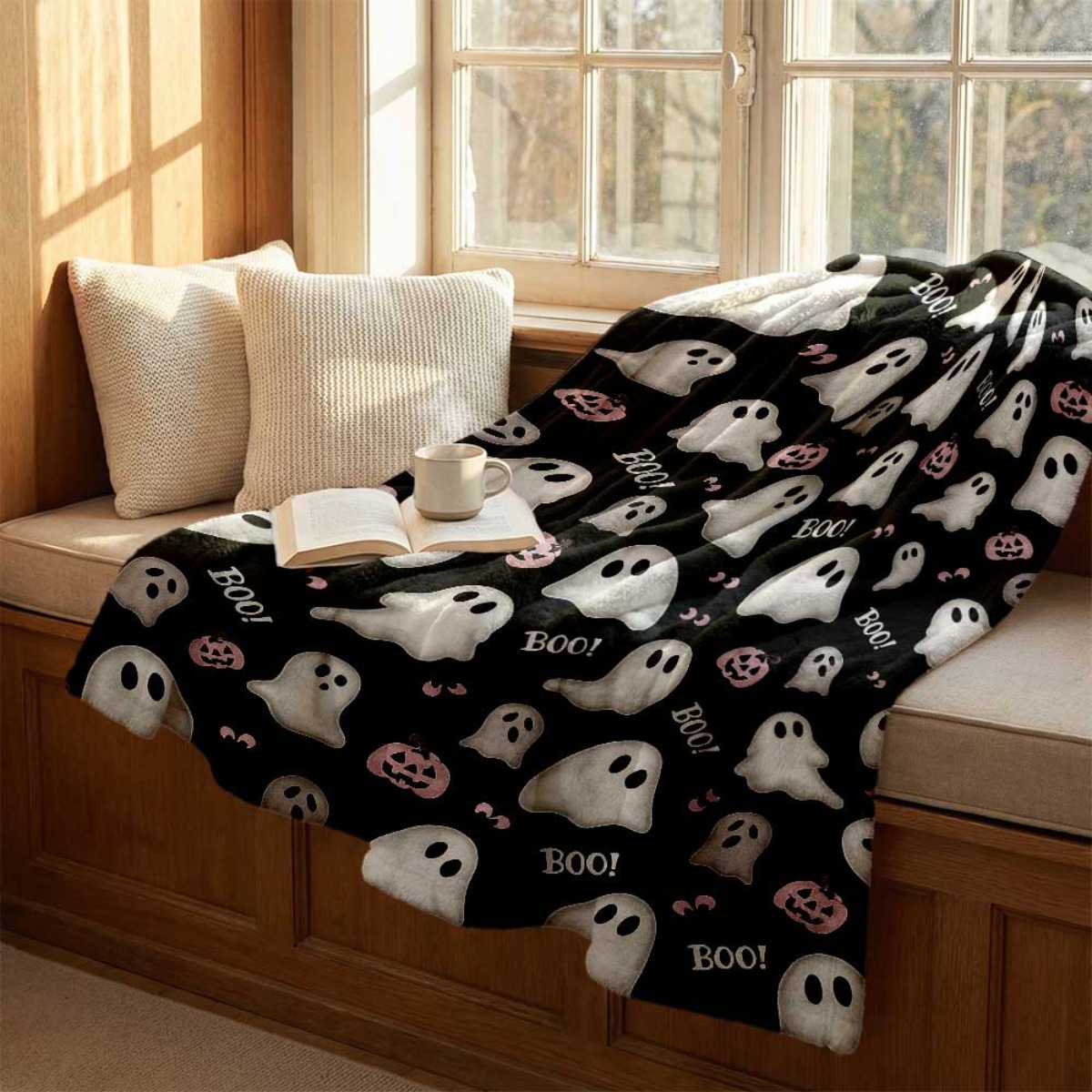 TEMU 1pc Halloween Ghost And Pumpkin Pattern Blanket, Soft Comfortable Warm, Classic Halloween Design, Durable Plush, Bed Blanket, Warm Cover,
