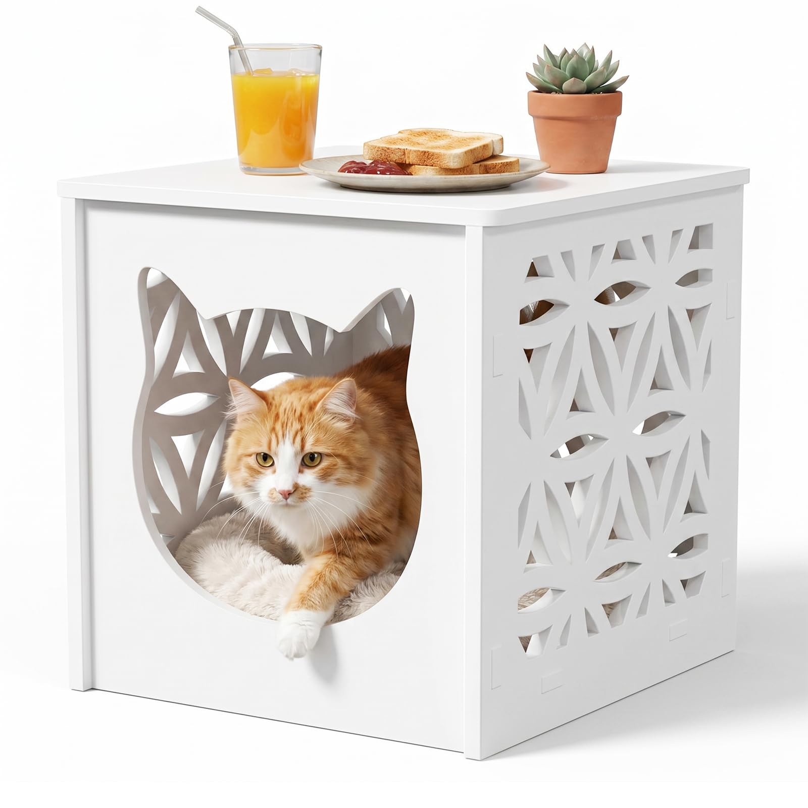 Pvc Cat House Side Table, Nightstand With Cat Hideaway, Space- For Indoor & Outdoor, 39.5x39.5x39.5cm