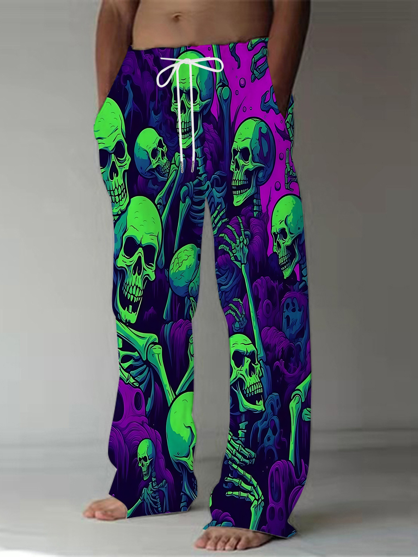 mens gothic halloween pants neon green purple skeleton print Temu