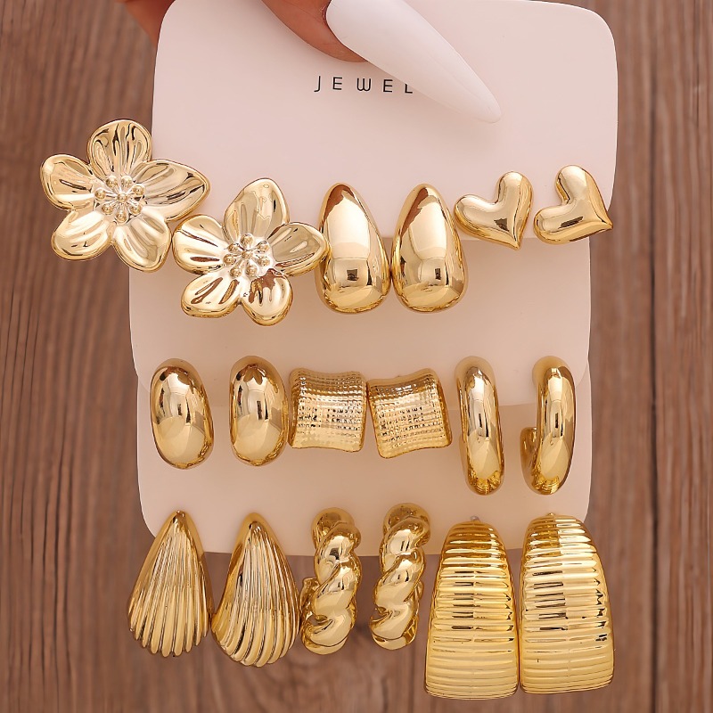 9 Pairs Thick Hoop Earrings Set, Low Allergy Thick Golden Earrings For Women