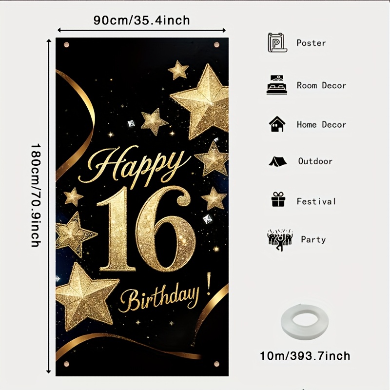 TEMU 2d Door Banner, 16th Birthday Banner - Featuring Golden And 16, With Sparkling Stars And A Happy Birthday Sign, Perfect For Decorating Doors For