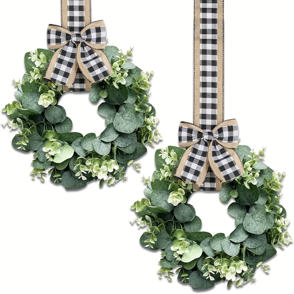 Image of 2pcs 10 Inch Spring/easter Valentine Christmas Farmhouse Faux Eucalyptus Wreaths, Small Plastic Greenery Decor For Kitchen Cabinets, Door, Window, Rustic Classic Decorative Wreaths Halloween