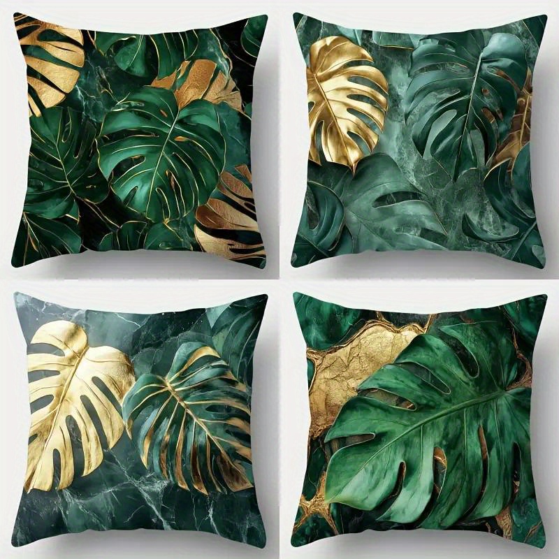 TEMU 4pcs Set Of Modern Polyester Pillow Covers, 17.7 X 17.7 Inches Green Leaves And Print, Machine Washable, Zippered Decorative Cushion Covers,