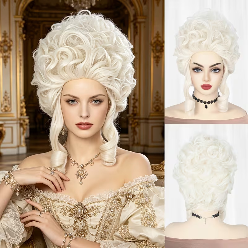 TEMU Perruque de costume Rococo crème-blanche avec chignon haut, cheveux de dame baroque du siècle pour bal à thème , d'Halloween, jeu de rôle de