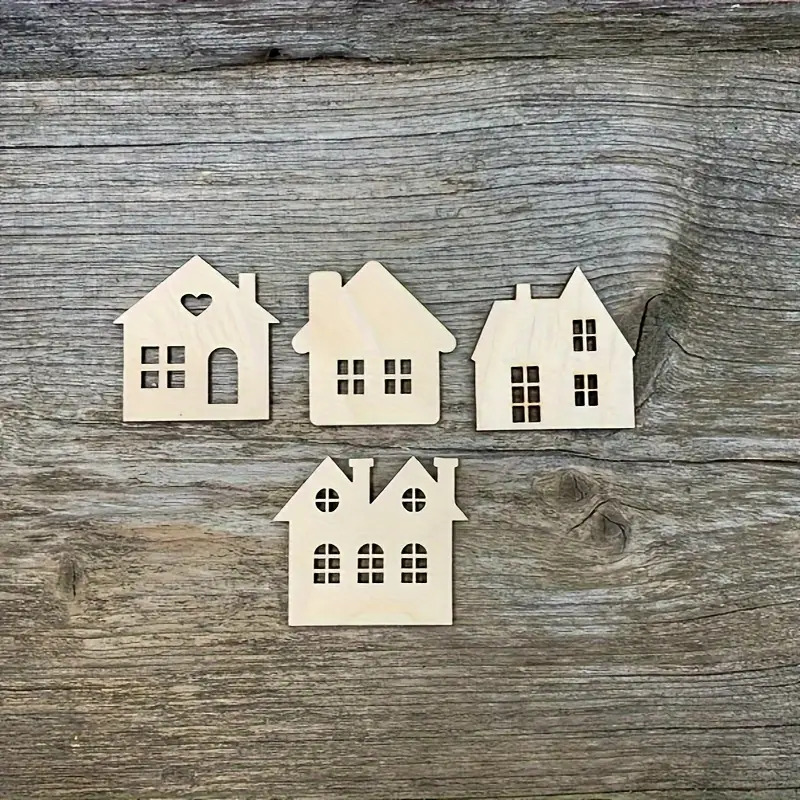 TEMU Juego de 4 piezas de mini de madera - 4 estilos de de madera 2D, varios tamaños para manualidades y decoración del hogar (formas de madera