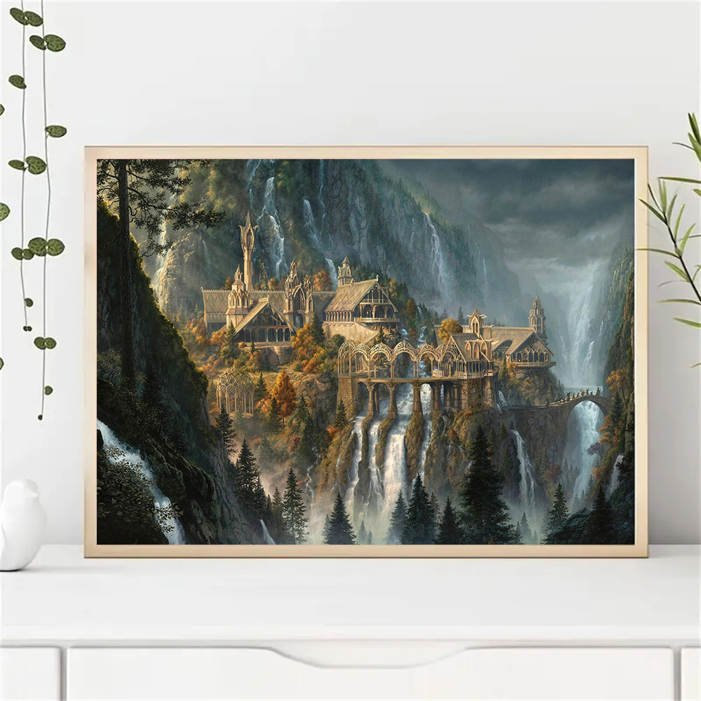 TEMU 2d Flat, 1pc Frameless 2d Flat The Film Picture Middle-earth Rivendell Landscape Movie Poster And Prints Painting On Canvas Wall Art For Room