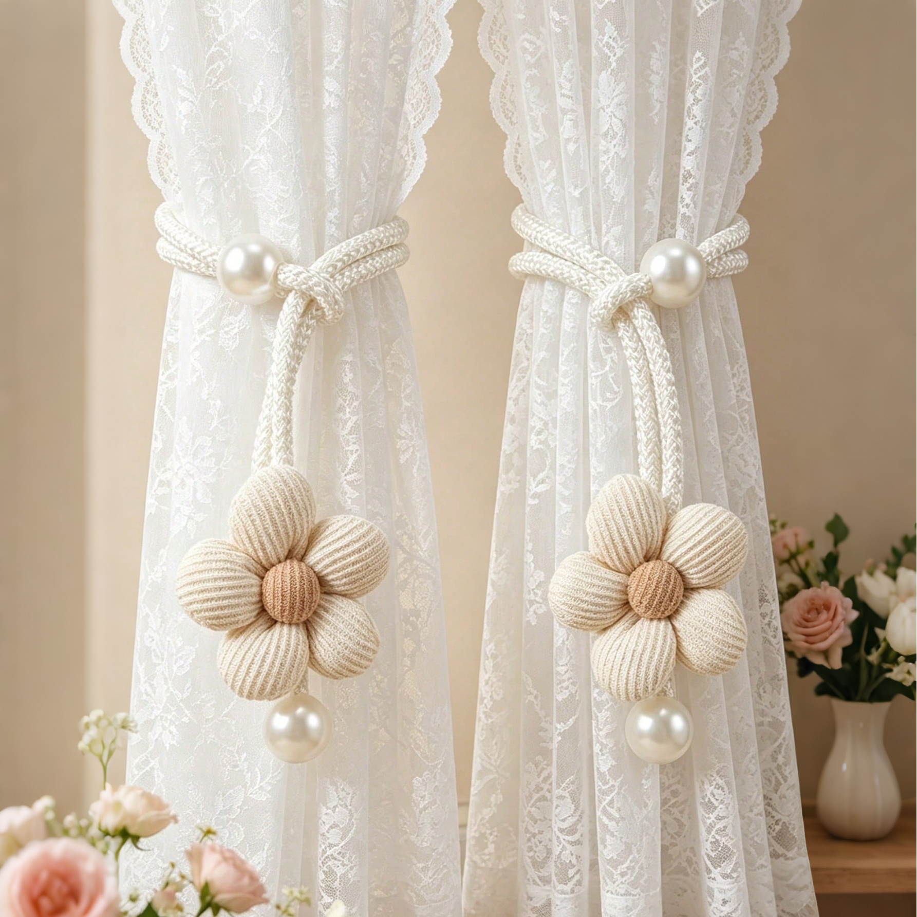 TEMU 2pcs Cute Floral Woven Rope Curtain Tiebacks, Pearl Embellished Curtain Holdbacks, Decorative Curtain Accessories, For Living Room Bedroom Home