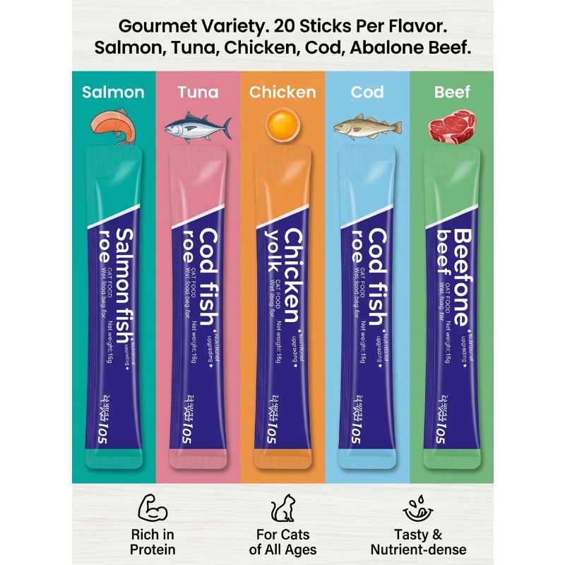 100pcs cat snacks one weighing 0 56oz 16g cat fattening nutrition strip 20 mixed cat strips in each of five flavors chicken egg yolk salmon fish roe cod fish roe abalone beef   roe Product details 3
