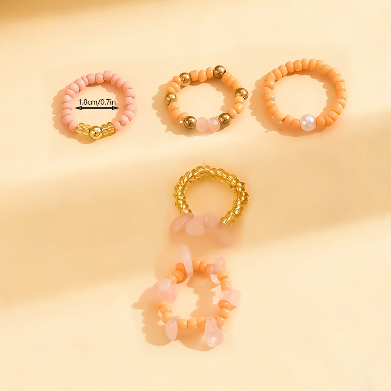 5pcs Glass Bead Ring Set, Pink Irregular Stackable Rings