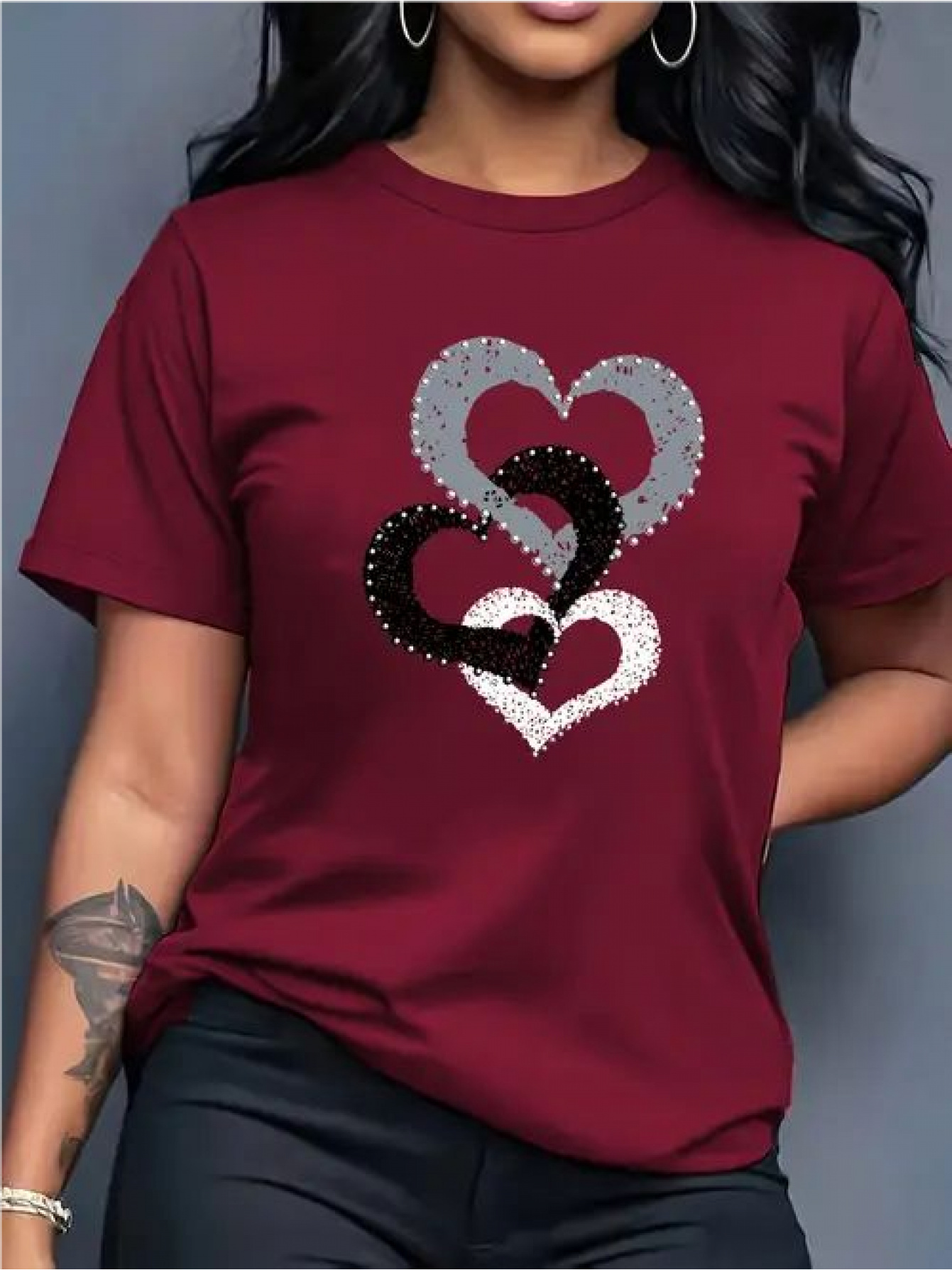 T-shirt Cœurs Femme Col Rond T-shirt pour femme à col rond et manches courtes, décontracté, sportif et tendance, avec imprimé graphique de lettres