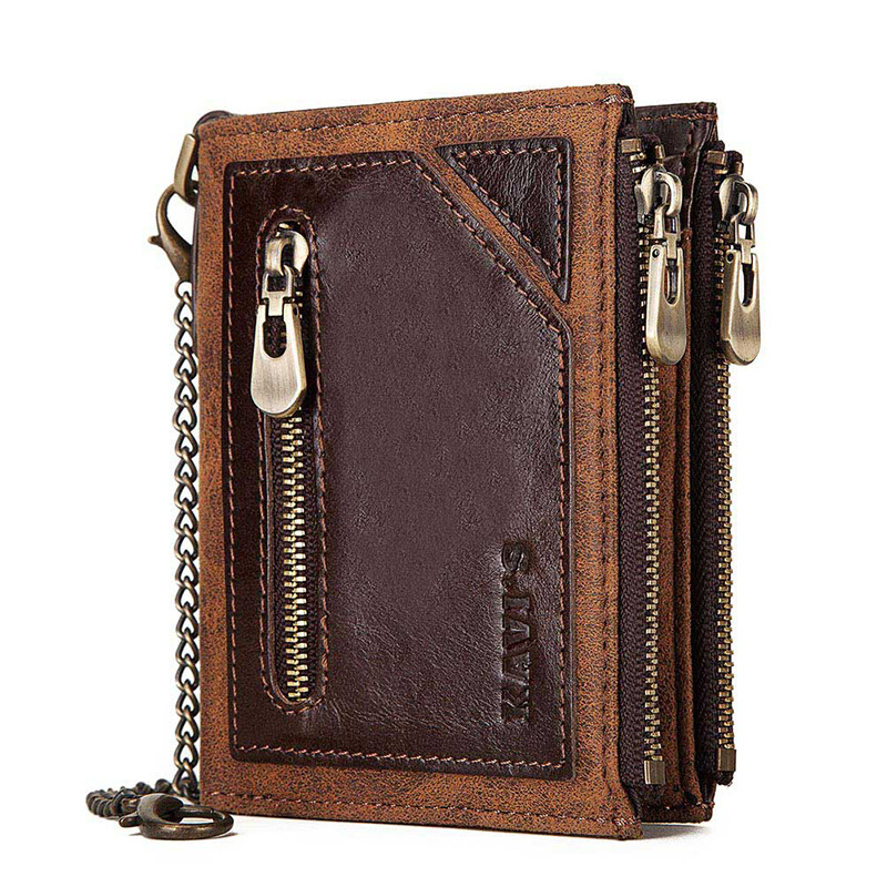 Genuine Leather Men's Wallet With Anti-theft Rfid Top Layer Cowhide Credit Card Holder, Wallet For With Double Zipper Vertical Style