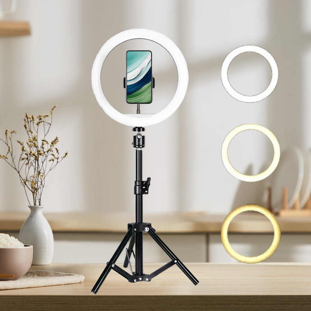 E-shop 10-Zoll dreifarbiges LED-Ringlicht mit 23,6-Zoll-Stativ, USB-Stromversorgung, einstellbarer Helligkeit, geeignet für Live-Streaming, Make-up,