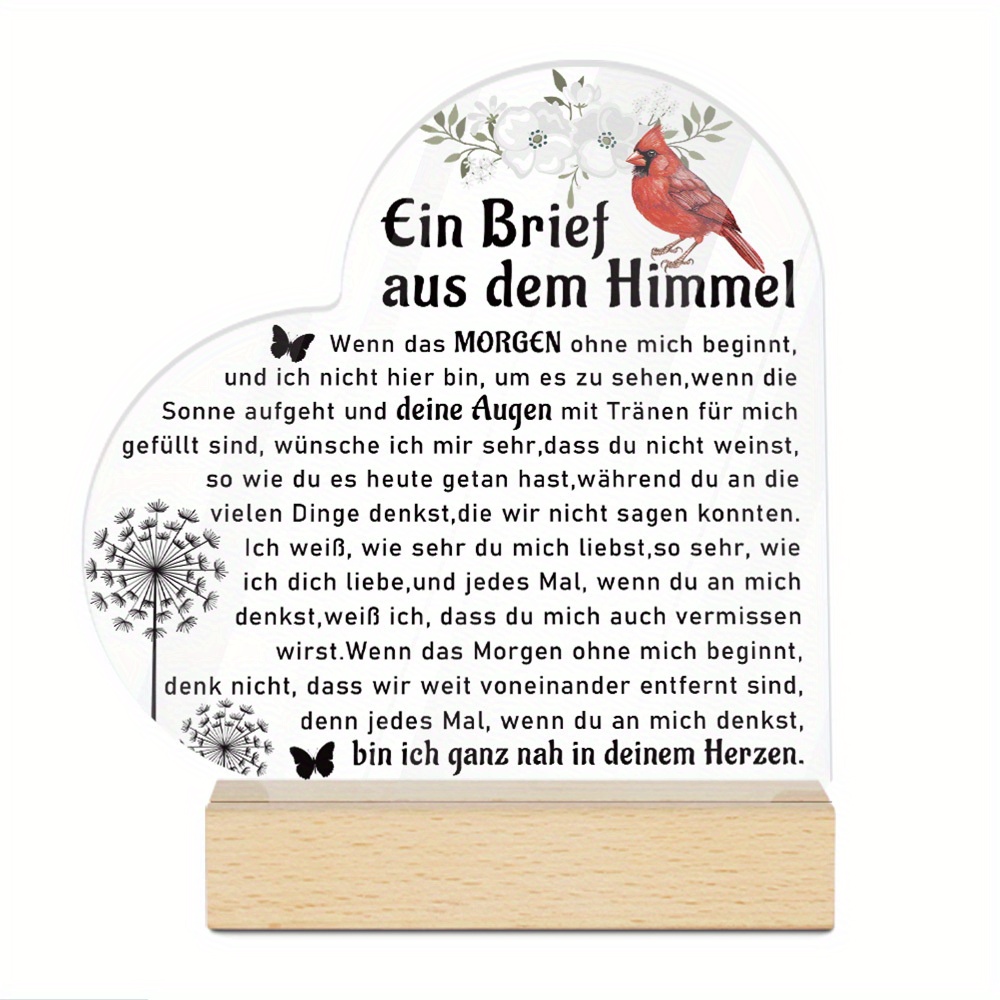 E-shop 2D Flat - Ein Brief aus dem Himmel: Wenn morgen ohne mich beginnt, dient dieses herzförmige Acrylschild mit Holzsockel als Dekoration für Ihr