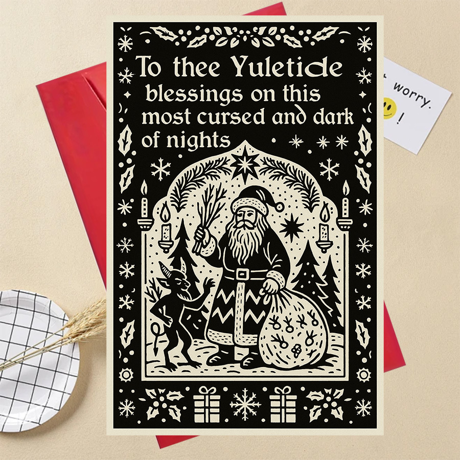 TEMU 1pc Gothic Christmas Card With Vintage Santa & Krampus Design - Dark Yuletide Greeting Card With German Text, Gothic Holiday Decorations