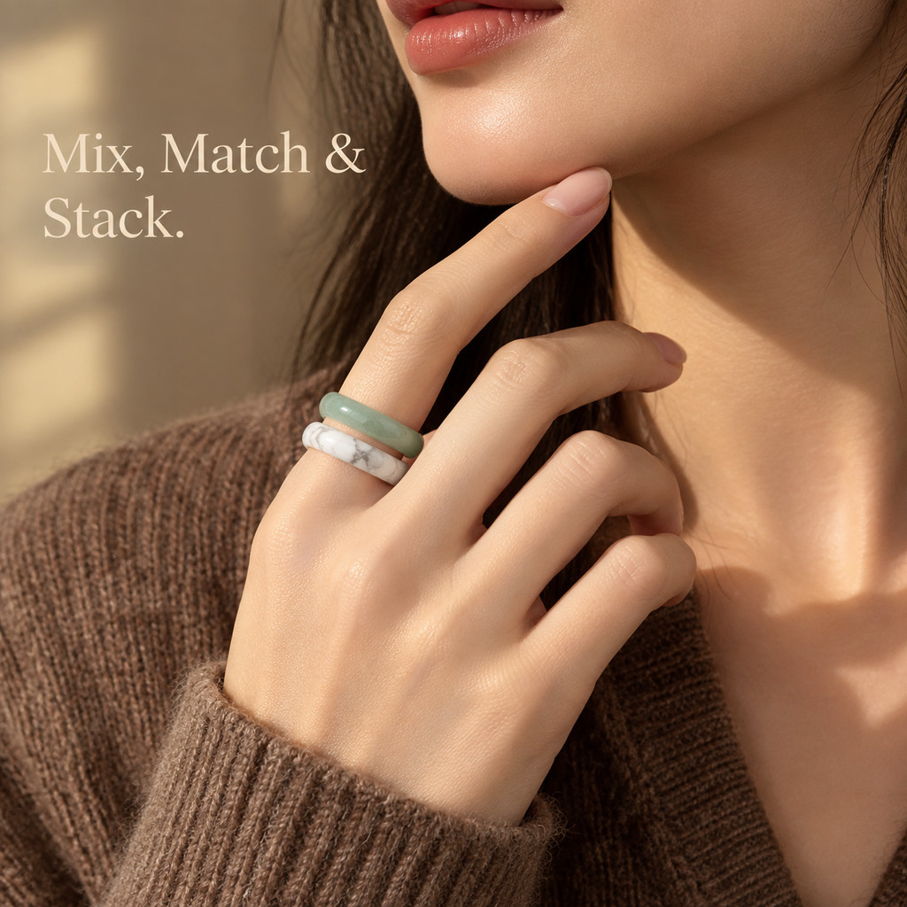 2pcs Green Aventurine & White Turquoise Band Ring Set