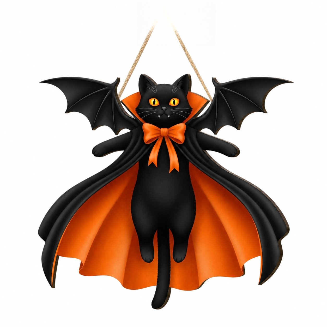 TEMU [2d Flat] Gothic Vampire Bat Wing Black Cat Door Hanger With Cloak & Orange Bow - Rustic Artificial Wood Hanging Sign Suitable For Front Porch,