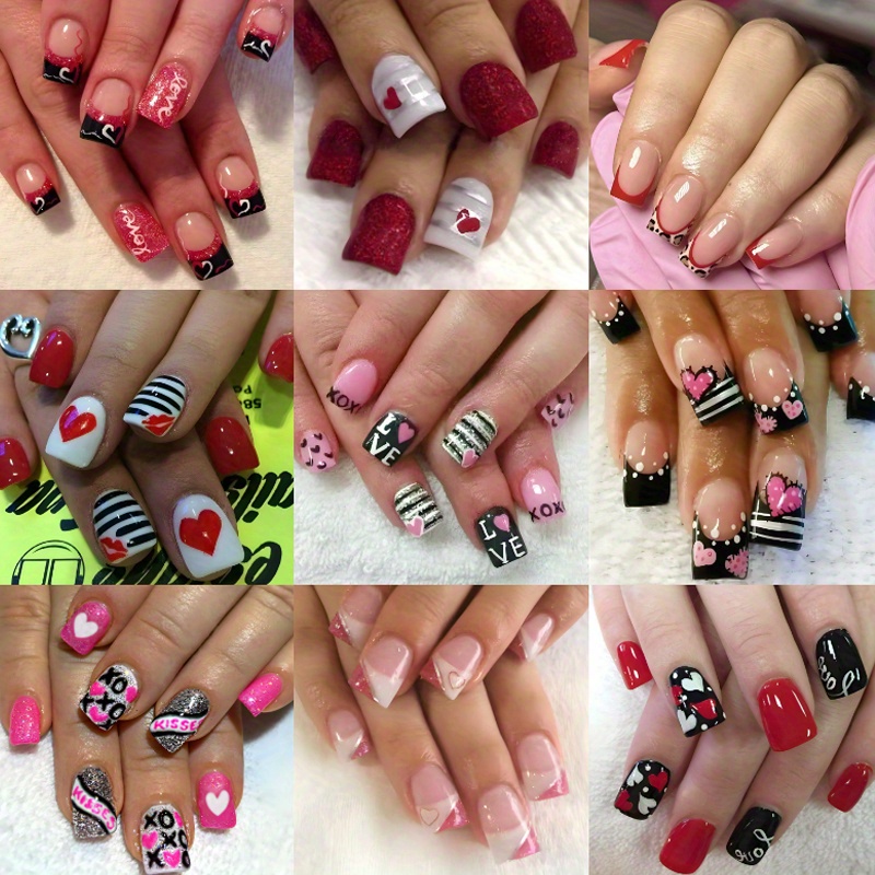 TEMU 210pcs (9pack) Valentine's Day Holiday , French Pointed Fake Nail, Short Square Fake , Heart-shaped Fake Nail On , Suitable For Women