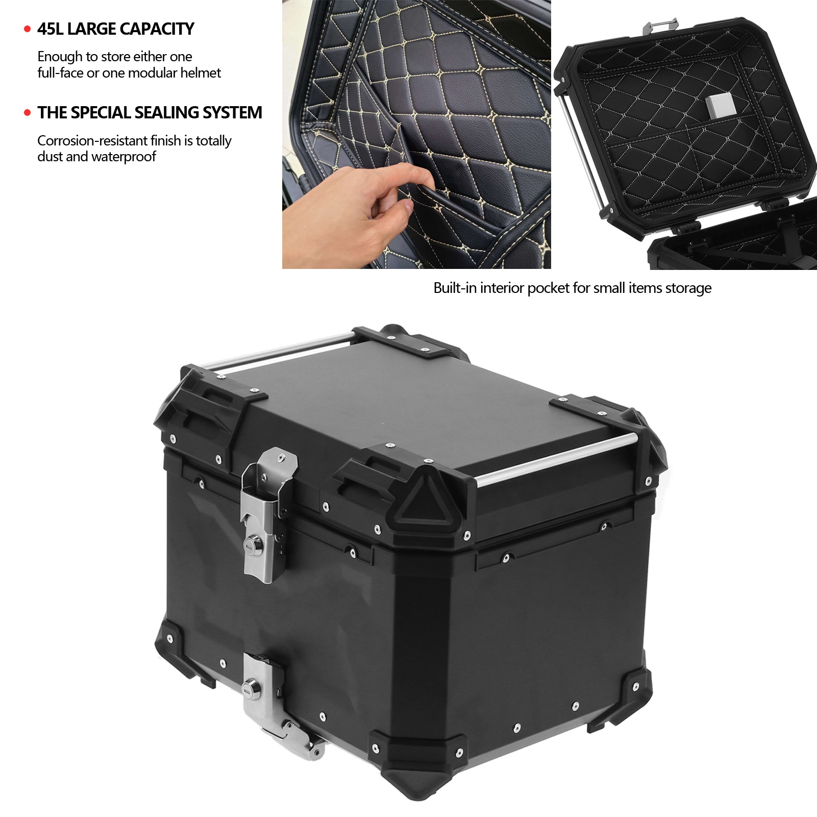 

45l Black Aluminum Motorcycle - Adventure Tail Box With Electrostatic , Removable Diamond Leather & Stainless Steel Lock System, Universal, Luggage