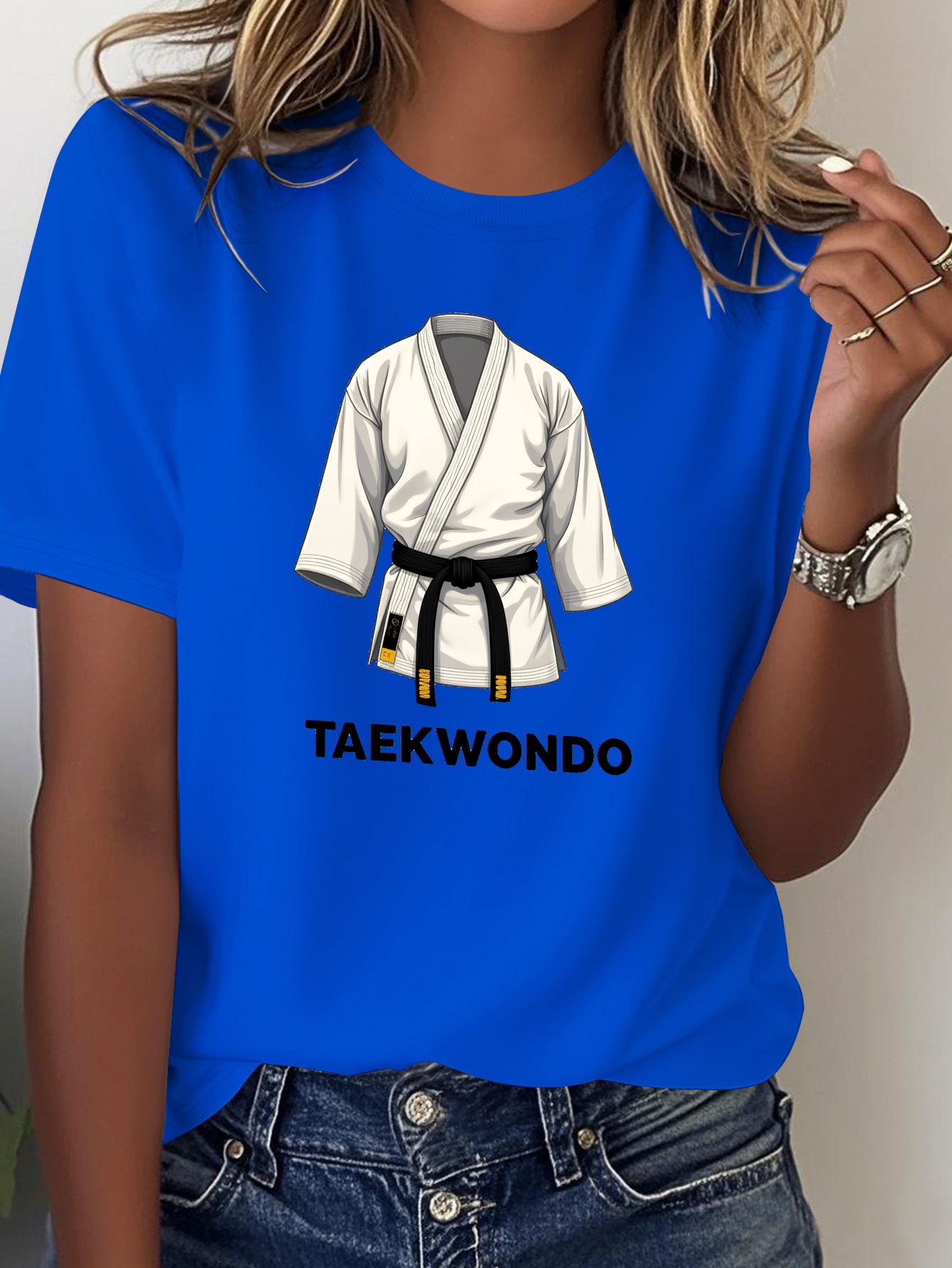 women s taekwondo uniform with black belt - 100% martial arts t-shirt, white gi with black belt & taekwondo lettering,    , machine washable for practice, tournaments & casual wear 0