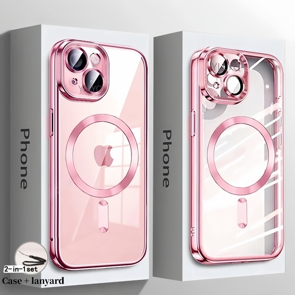 TEMU Phone Case: 2pcs (1 Phone Case + 1 Lanyard) Premium Electroplating Magnetic Wireless Charging Soft Phone Case Compatible With Iphone 17 Pro Max
