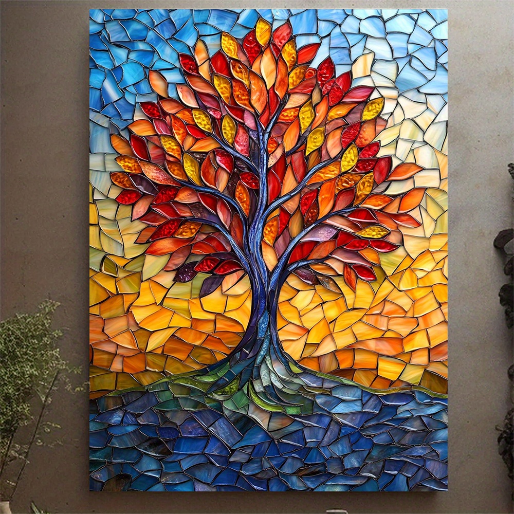 2d flat 1pc tree of life wall art mosaic stained   wrapped wooden frame suitable for vibrant multicolor suitable for living room bedroom office decor elegant     of life decorations 2d flat