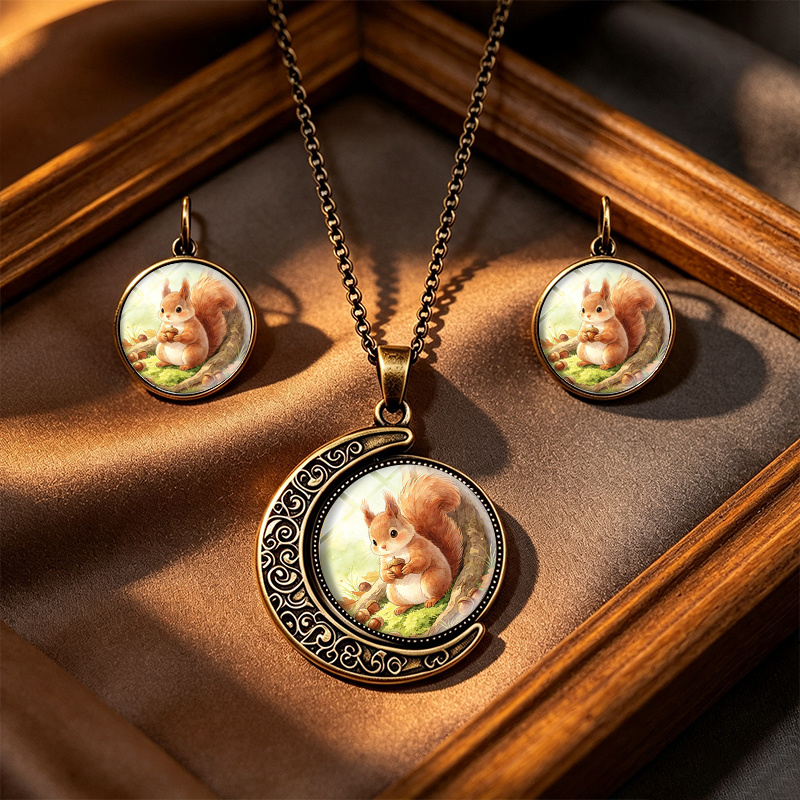 3pcs Handmade Glass Squirrel & Acorn Jewelry Set