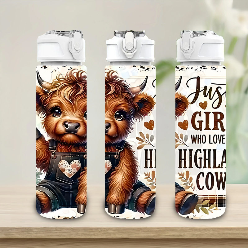 TEMU 1pc Cute Calf, Highland Cow, "" Heart Pattern, 750ml/26oz Plastic Sports Water Bottle, Adorable Printed Design, With Pop-up Lid, Lightweight,