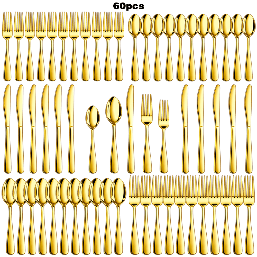 TEMU 60pcs Golden Stainless Steel Cutlery Set, High-quality Stainless Steel, Ergonomic Handles, Dishwasher Safe, Suitable For Everyday Family Use,