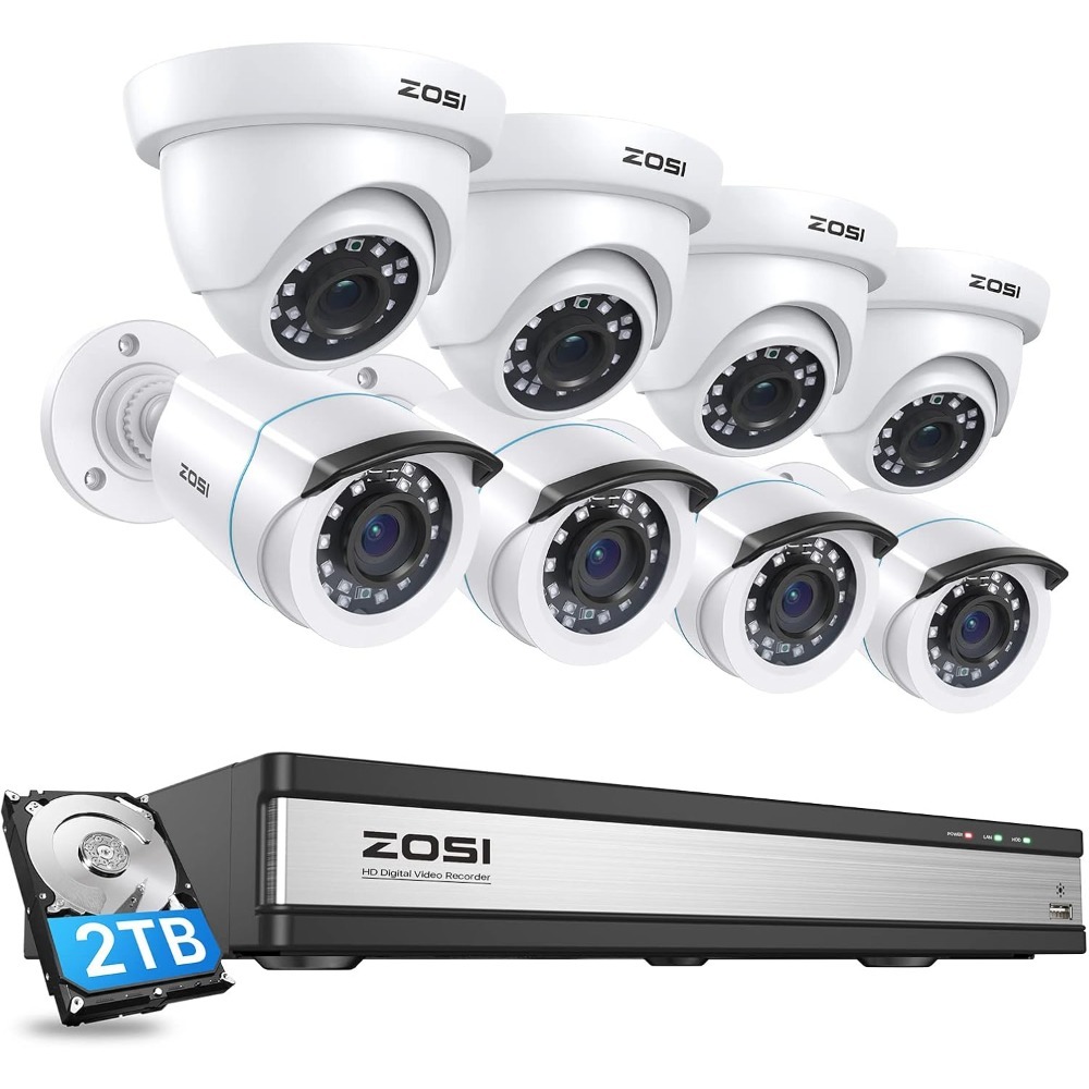 Zosi 16-channel 1080p Hd Home Security Camera System With Motion Detection, 4 Bullet & 4 Dome Cameras, H.265+ Dvr With 2tb Hard Drive, Night Vision, Alert Push, Smartphone Compatible, Usb Powered