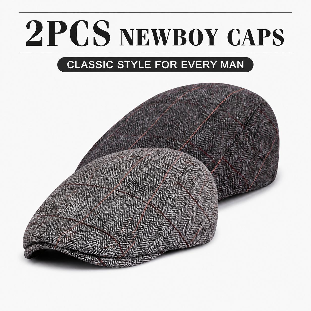 TEMU 2pcs Men's Elegant Herringbone Hat - Driver Hat, Classic Newsboy Style Gray/black/brown/red Pattern, Breathable And Durable Suitable For Spring