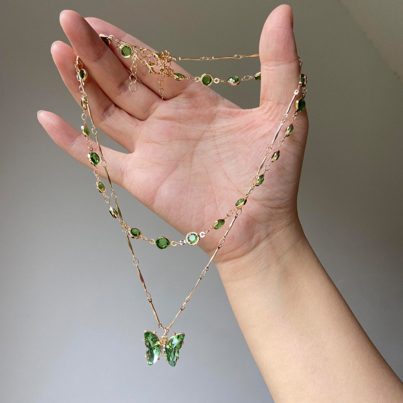 TEMU A 2pcs Set Of Delicate Green Rhinestone - Round Pendant Women's Chain Necklaces, Suitable For Daily Commuting, Parties, And Vacation Wear