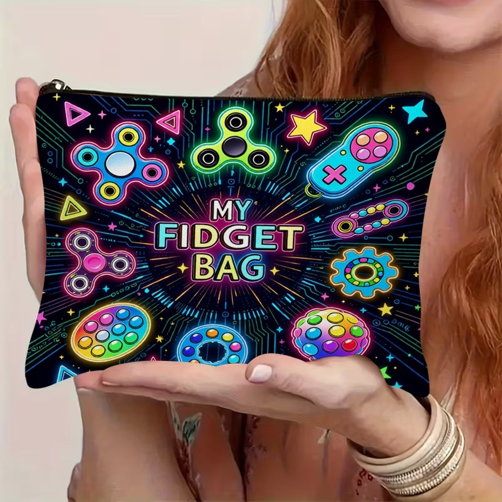 TEMU 1pc 2d Flat Printed Fidget Toys Pattern Cosmetic Bag, Neon Vibrant Design With "my Fidget Bag" Text And Fidget Element Prints, Zipper Closure,