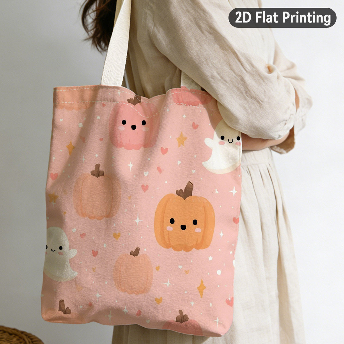 TEMU 2d Flat 1pc Cute Cartoon And Pumpkins Durable Tote Bag, Halloween Party Supplies, Duplex Prints Pink Background With Stars, Suitable For Grocery
