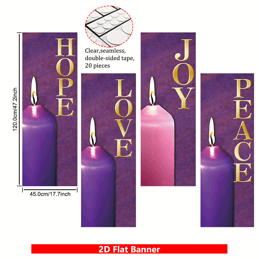 TEMU 2d Flat, 4pcs Party Banner Set. Each Banner Features Purple Candles As Motif, Accented With Golden Lettering Reading , Love, Joy, And Peace.