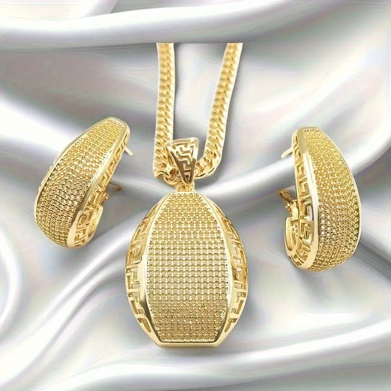 TEMU Ladies 18k Golden Plated Chain Necklace Set, Cubic Zirconia Pendant Necklace, Bridal Jewelry Gift Set, 3pcs Set With Earrings And Jewelry Box