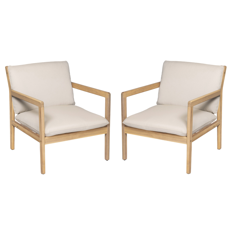 Set of 2 Acacia Wood Armchairs | Light Teak Patio Club Chairs with Painted Frame, PVC Material