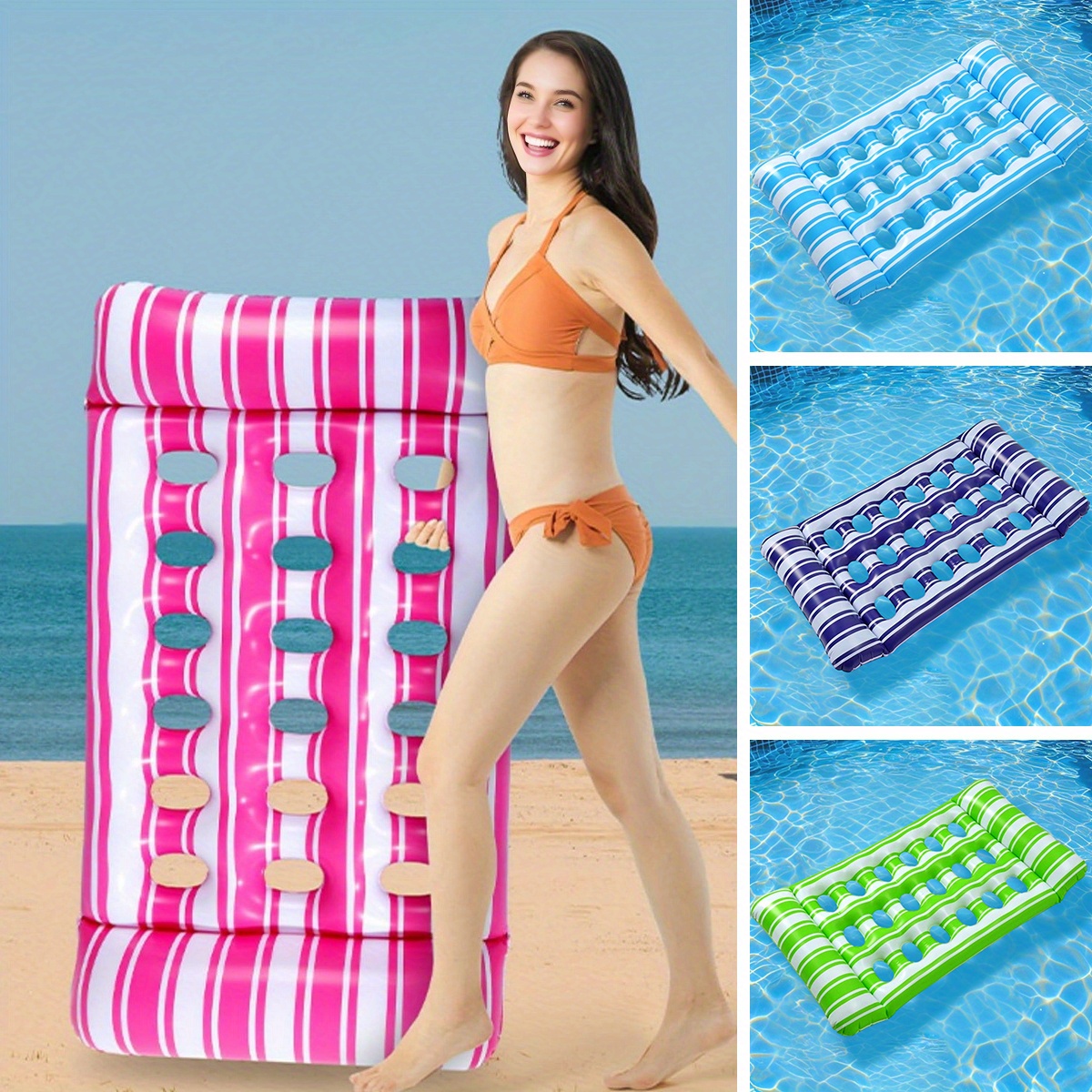 1pc Inflatable Floating Bed Portable Foldable Air Mattress for Pool,  Beach Lake, Vibrant Mixed Colors, Durable Lightweight Design for Pool 