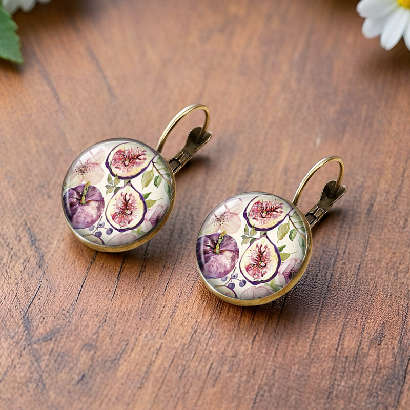 Watercolor Fig Minimalist Glass Circular Earrings, Gift