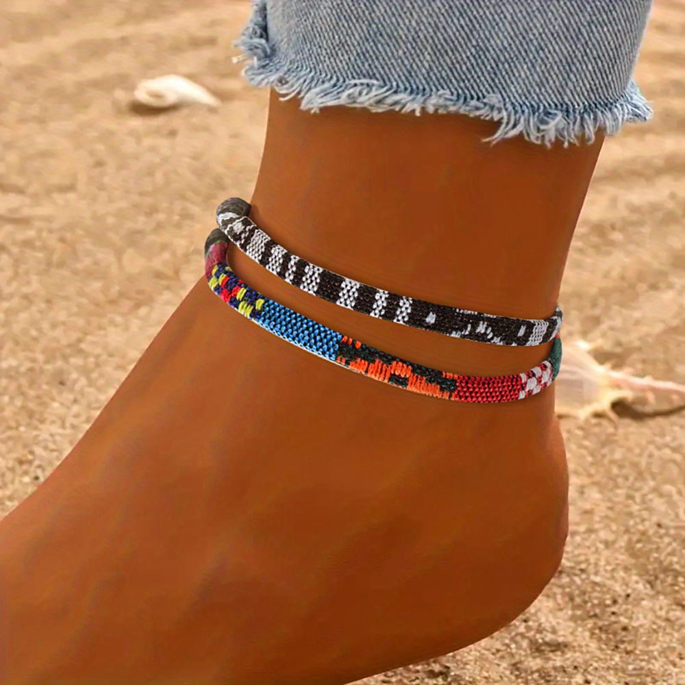 Men's 2pcs Knitted Ankle Bracelet Set, Bohemian Style