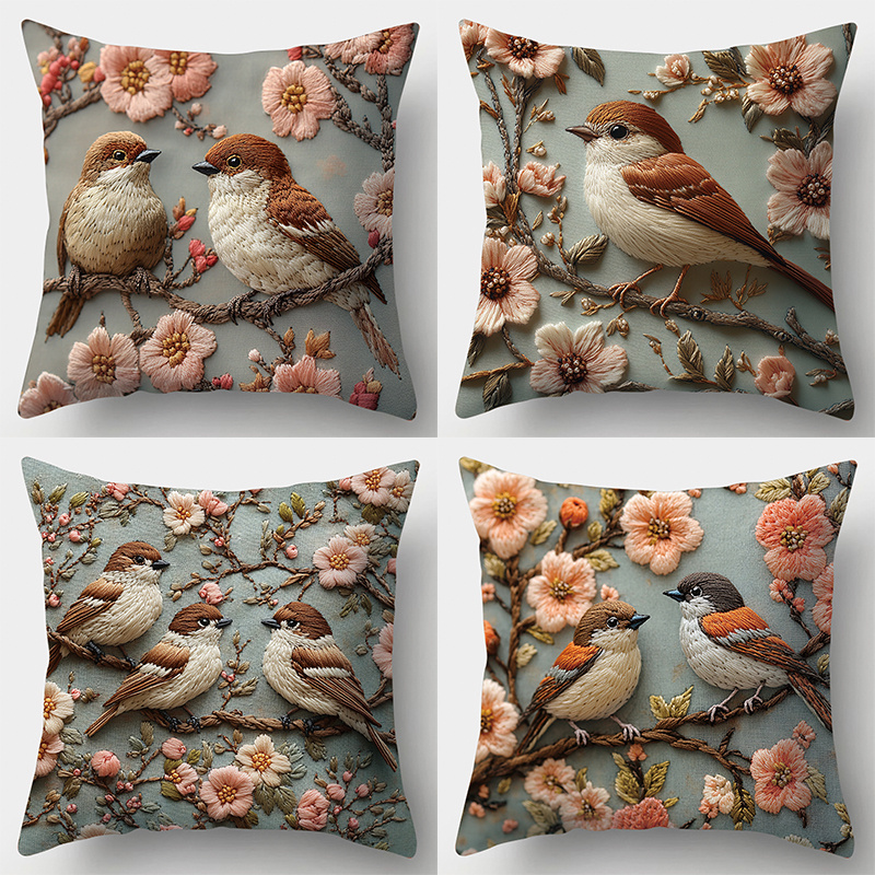 

4-pack Contemporary Embroidered Bird & Floral Pillow Covers, 17.7x17.7 Inches, Machine Washable Polyester Zippered Cushion Cases For Living Room Sofa Decor - No Insert