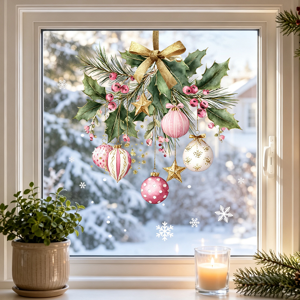 TEMU 2pcs Christmas Static Window Clings, Vintage Traditional Red Golden Watercolor Christmas Bauble Static Glass Stickers, Adhesive-free Reusable